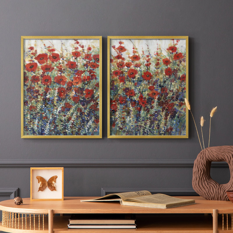 «Garden Poppies I», reproduction encadrée de qualité supérieure - prête à être accrochée - aucun clou requis - aucun clou requis