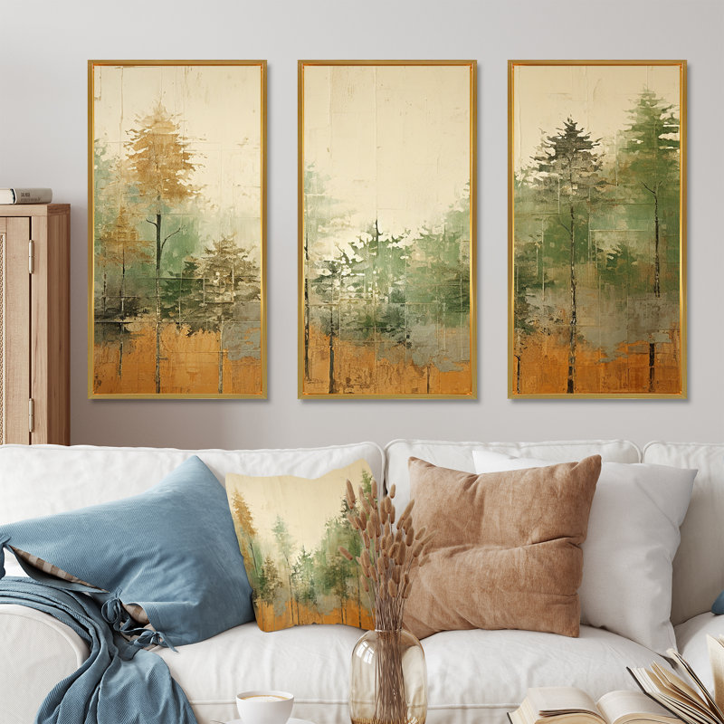 «Green Beige Wild Forest Essence I», art mural tachisme, Cadre flottant doré, H 40 po x l 61 po x P 1 po
