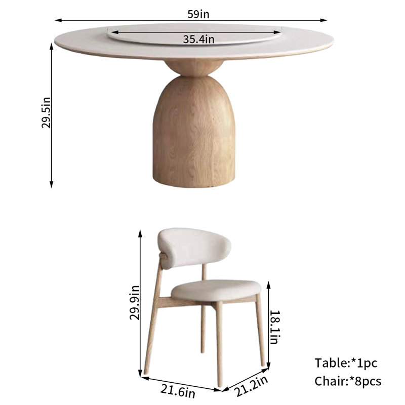 Solid Wood Rock-Plate Round Dining Table Chair Set 8 - Person Pedestal Dining Set, 29.5"H x 59"L x 59"W