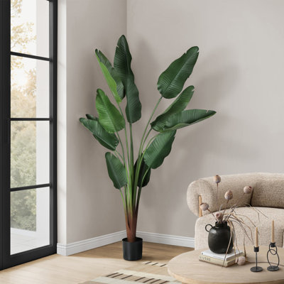 Plante artificielle Oiseau de Paradis de 211 cm de hauteur, aspect réaliste, avec pot noir.