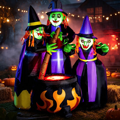 6 FT Halloween Inflatable Three Witches Around Cauldron, Blow Up Yard Decoration with Flame Effect Built-in LEDs, Indoor & Outdoor Decor for Halloween Party