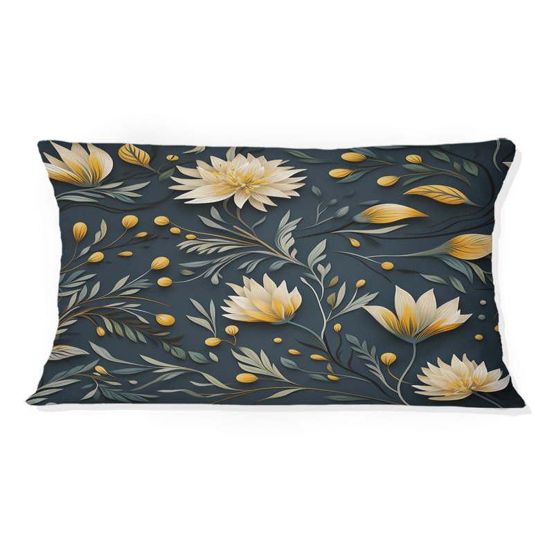 Coussin en polyester jaune et bleu avec fleurs tranquilles et zen
