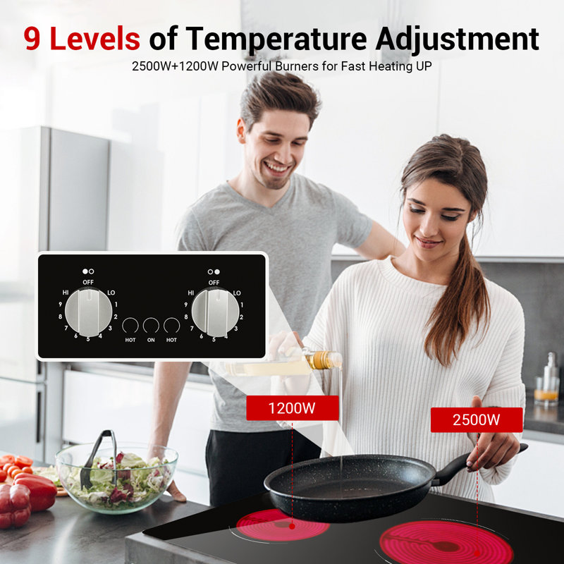 2-Burner Electric Cooktop, 3700W 21-Inch Ceramic Glass Stove Top With 9-Level Knob Control For Apartment Kitchen