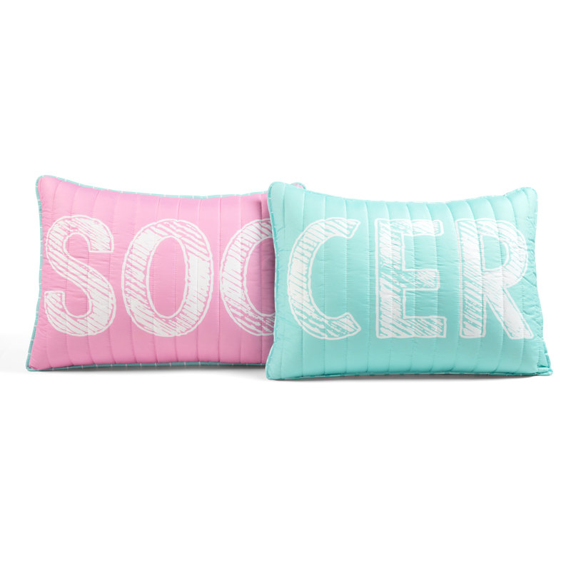 White and Turquoise Microfiber Reversible Soccer Quilt Set for Girls
