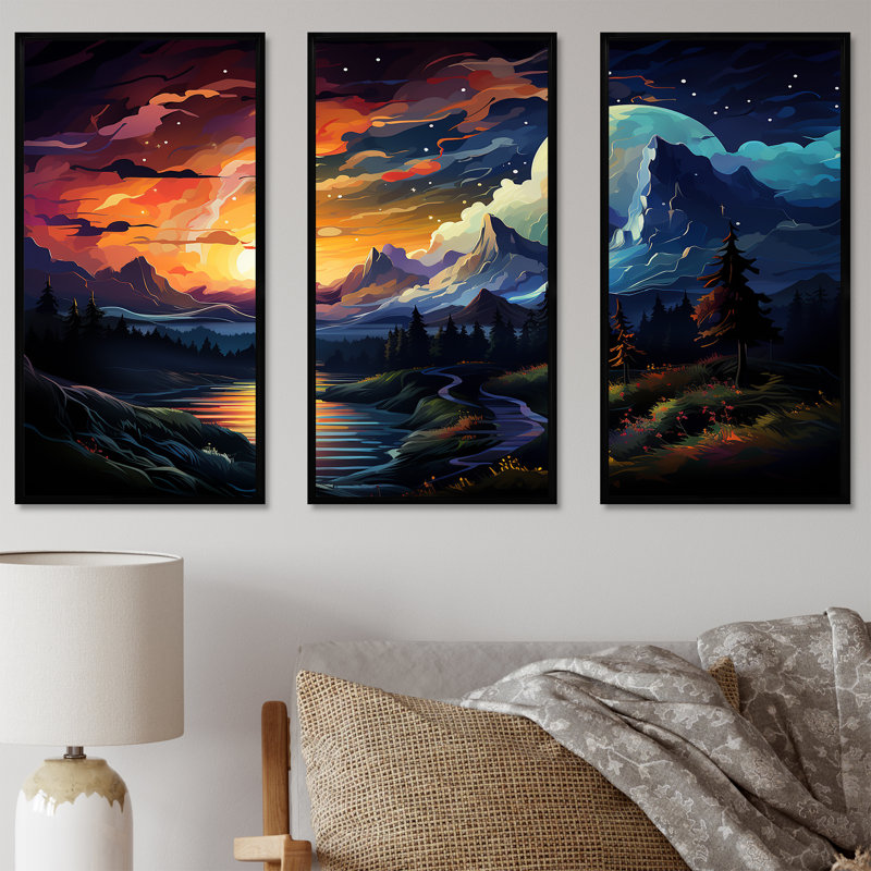 «Yellow Lakeside Mountain Sunset Wonderland II», art mural forêt et rivière, Cadre flottant noir, H 28 po x l 36 po x P 1 po