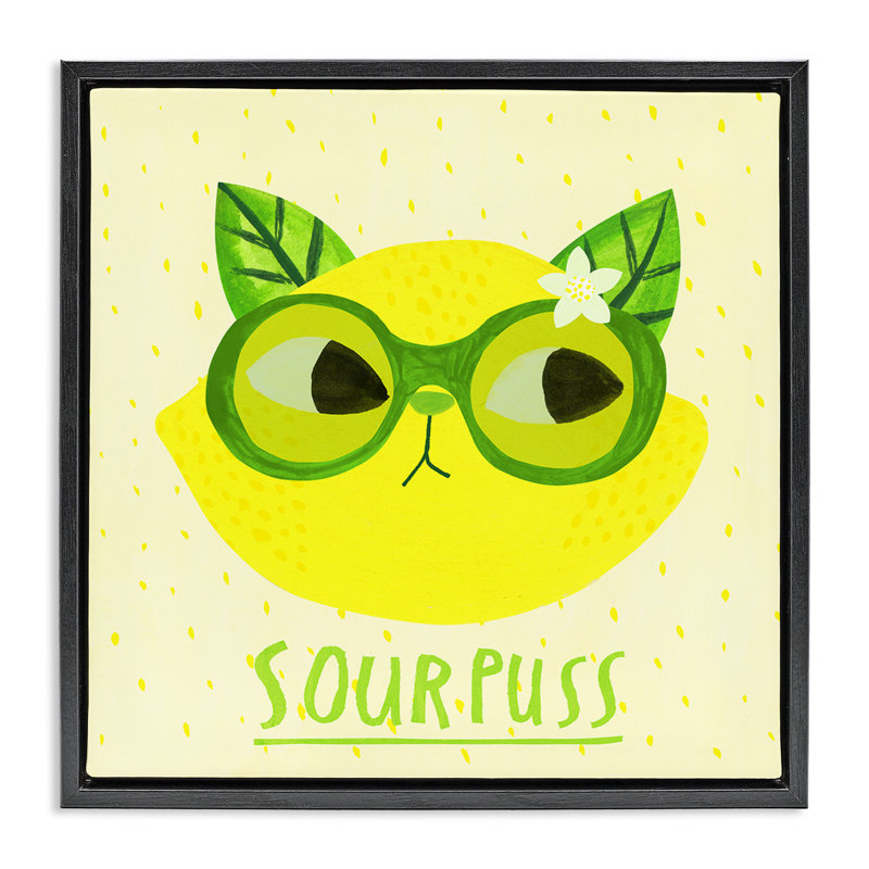 Cadre flottant Sourpuss Lemon Cat, design par planète chat par Angie Rozelaar, H 25 po x l 25 po, Cadre flottant noir de jais