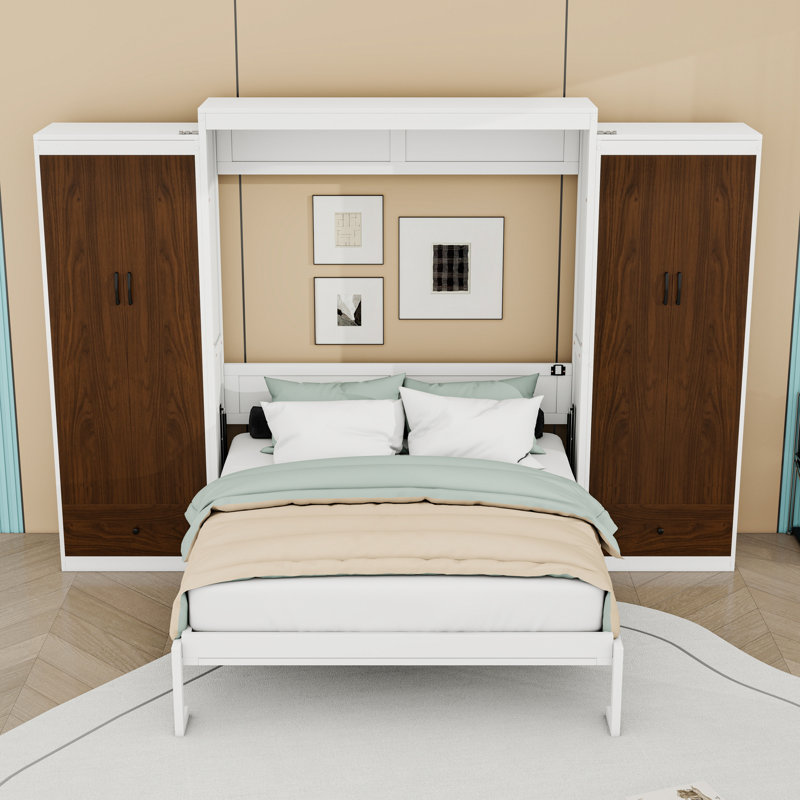 Murphy Bed with Desk and Storage Drawers,LED Light, Queen