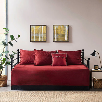 6 housses de lit de jour réversibles de couleur rouge - carreaux et unis, avec du coton pour une literie confortable, convient aux lits simples, est livré, 3 taies décoratives, coussin décoratif, literie de style rustique 6 pièces, imprimé, rembourrage