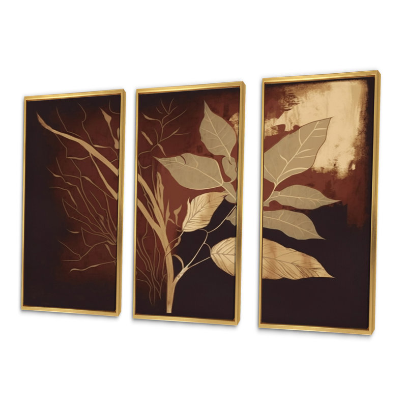 «Terra Cotta Chocolate Leaves III», reproduction sur toile 3 pièces, H 32 po x l 48 po x P 1 po, Toile avec cadre doré