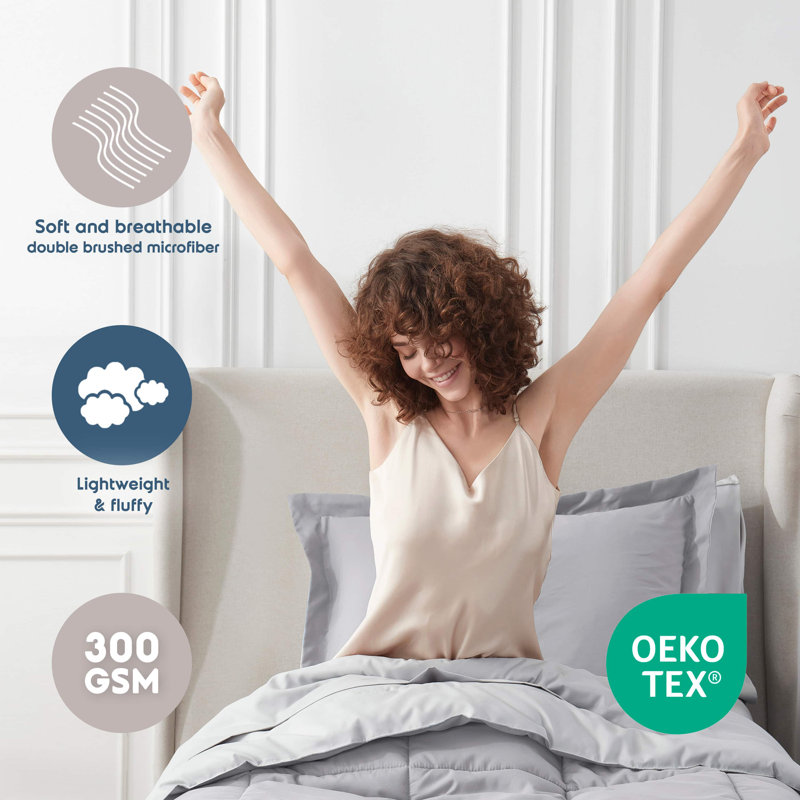 Bed-in-A-Bag Reversible Comforter Set with Bed Sheets & Memory Foam Cooling Pillows, Light Gray