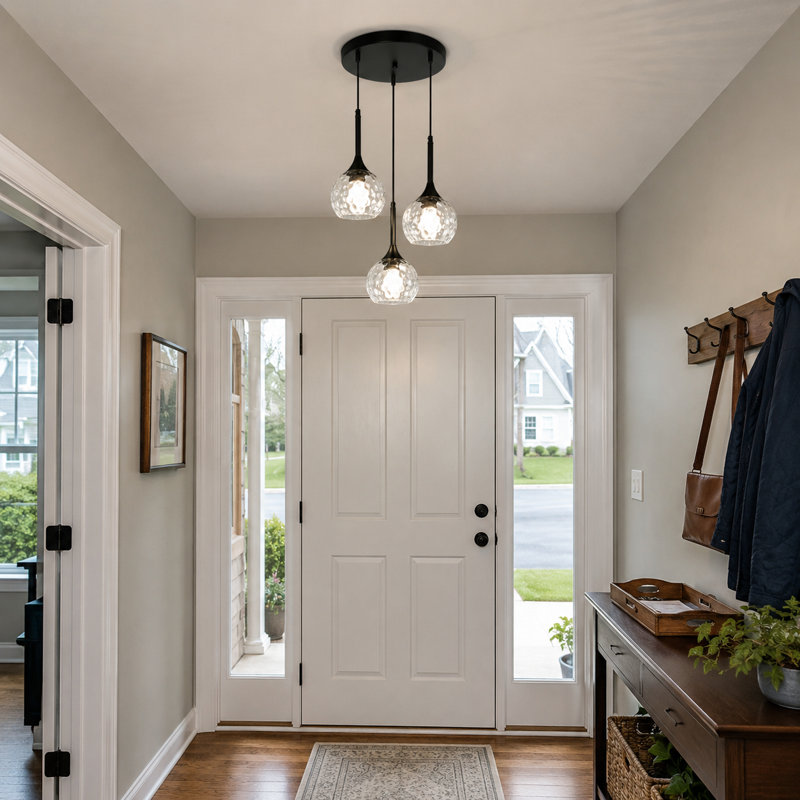 3-Light Cluster Pendant Lamp With Hammered Glass