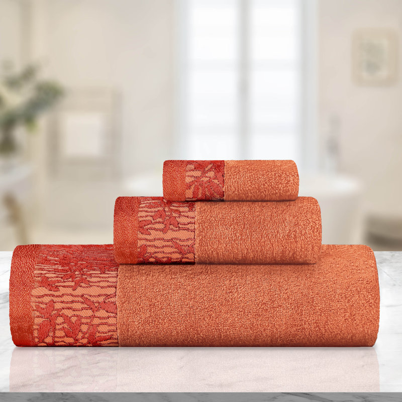 Carinna Cotton Medium Weight Floral Jacquard Border Assorted Bathroom Towel Set, Mandarian, 3 Piece Towel Set