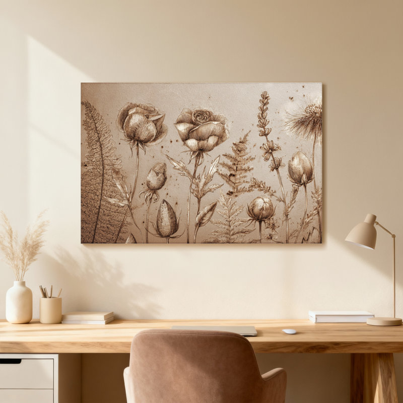 Arrangement floral de plantes et de fleurs dans des tons sépia, H 24 po x l 36 po, Toile tendue, Ne s’applique pas