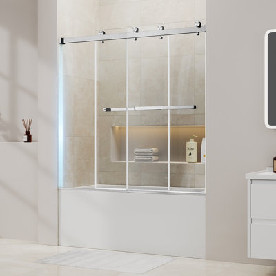 56-60" X 60" Fully Frameless Sliding Bathtub Door , 1/4" Tempered Glass With Explosion-proof Film Nickel