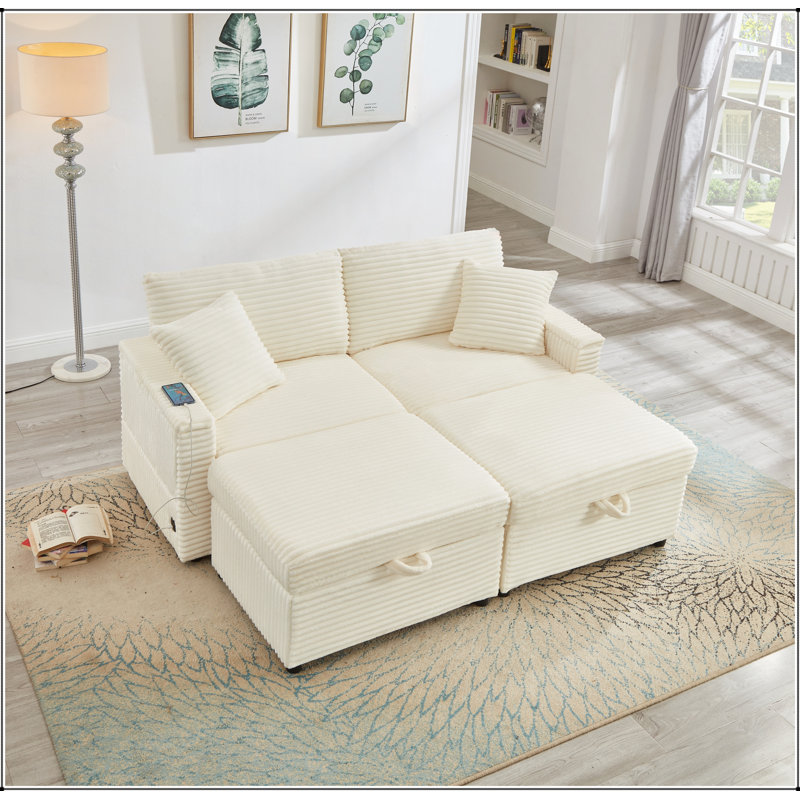 Comfortable Fluffy Corduroy Lazy Sofa with Double Ottomans and Table Board for Chailiving, Beige