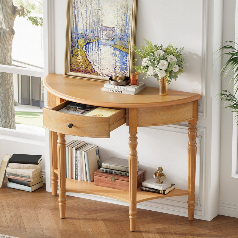Console rustique demi-lune avec tiroir et tablette, Naturel