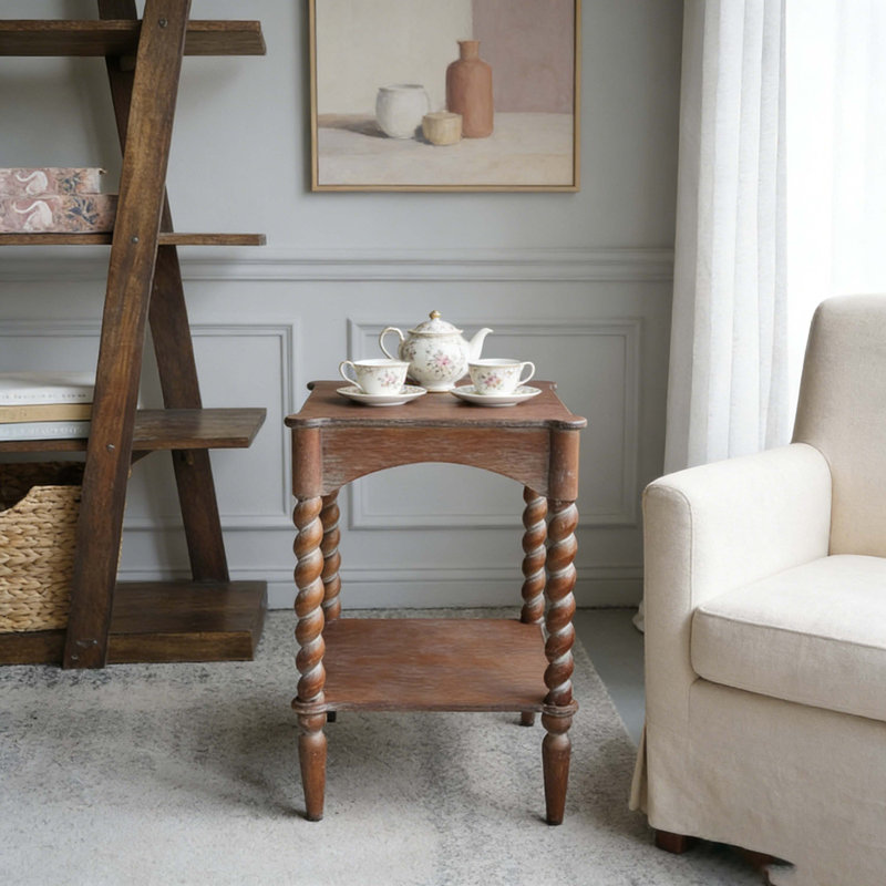 Vintage Solid Wood Spindle Accent Table - Rustic Side Table With Lower Shelf