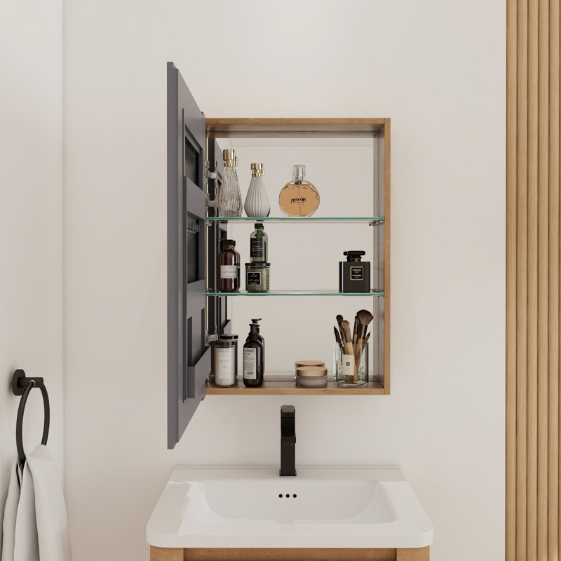 Armoire de salle de bain avec miroir 20 po avec rangement, armoire à pharmacie murale avec porte miroir, tablettes en verre réglables, contreplaqué (MC901BIMO)