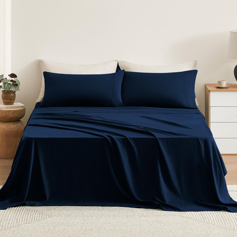 TOSMO 100% Linen Sheet Set, Navy, Twin