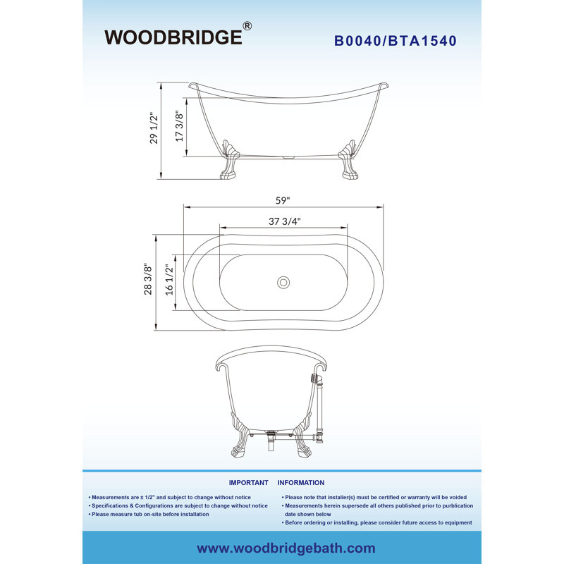 59" x 28" Clawfoot Soaking Acrylic Bathtub, White, Matte Black