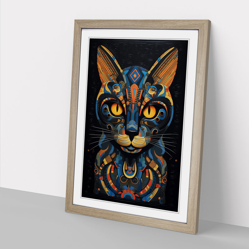XYZ-FRM-V1223-618 Egyptian Cat Neo-Plasticism - Single Picture Frame Print on Wood, 64cm H x 46cm W x 2cm D, Oak 