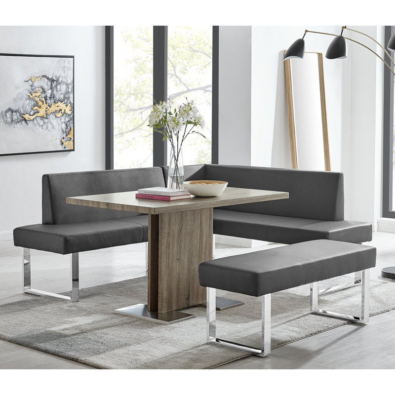 Darcie 2-Piece Contemporary Corner Sofa in Faux Leather and Chrome Metal, Gray Faux Leather