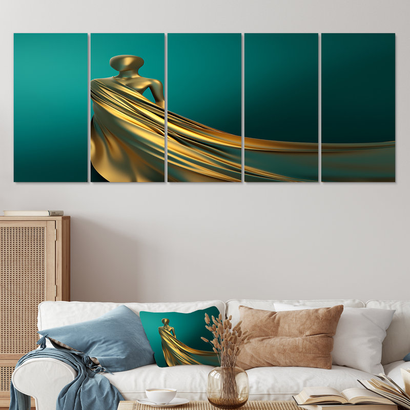 Femme dorée avec une robe dorée sur fond sarcelle - ensemble de 5 décorations murales femme moderne, H 28 po x l 60 po