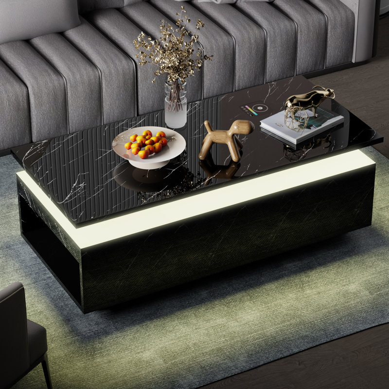47'' Modern Smart Marble Coffee Table With Charging Station, Black