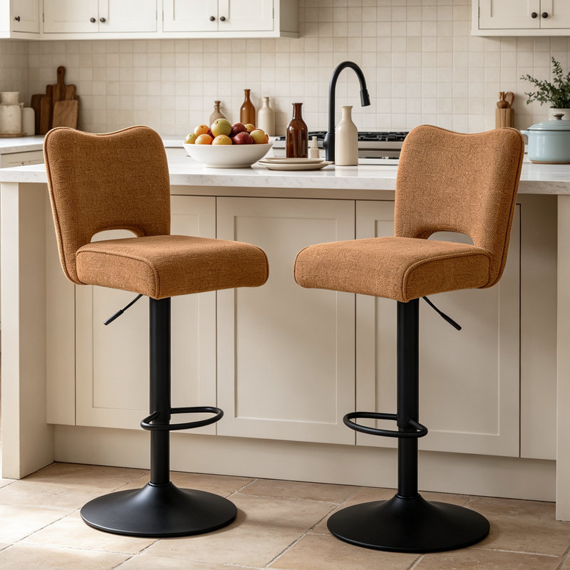 Waterproof Fabric Upholstered Bar Stools with Adjustable Height and Swivel, Backrest and Footrest, Orange