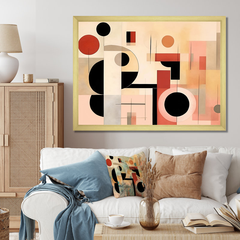 «Cubism Scandinavian Coral», reproduction d'art sur toile, Cadre doré simple, H 34 po x l 44 po x P 1,5 po