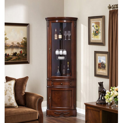 Hand Carved Corner Wine Cabinet with Adjustable Shelves