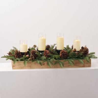 Winter Pine and Pinecone Advent 4-Pillar Candle Centerpiece in Wood Box