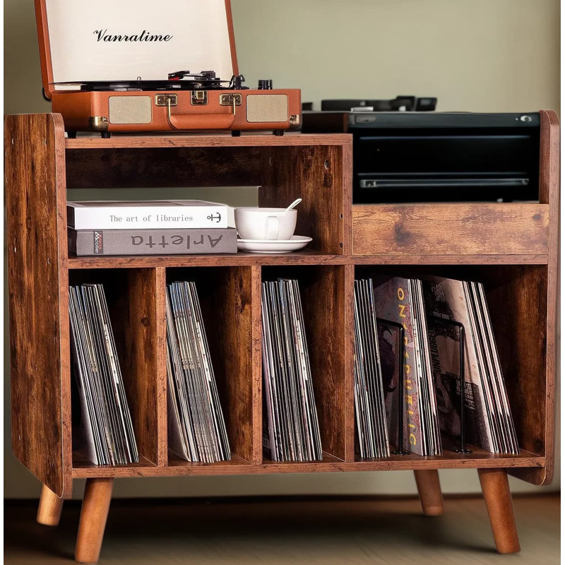 Record Player Stand With Vinyl Storage, Mid Century Modern Turntable Cabinet With Open Display Shelf, Holds 350+ Albums, Solid Wood Construction For Living Room And Bedroom