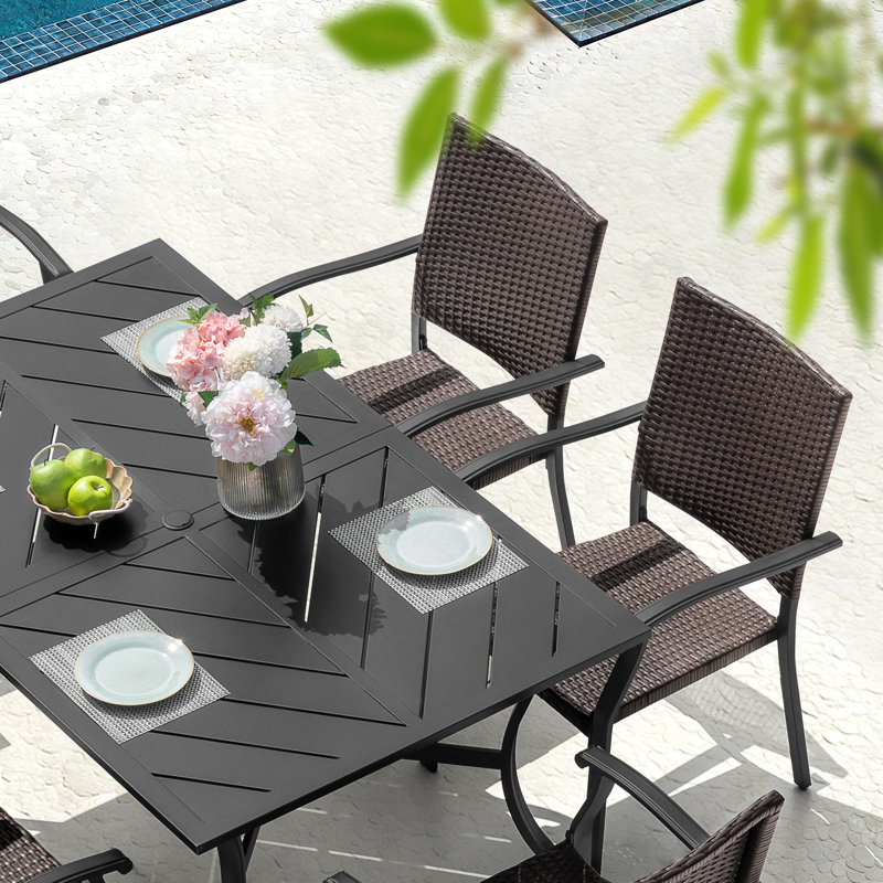 Outdoor 7-piece Metal Wicker Dining Set With 1.77'' Umbrella Hole, Black