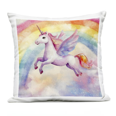 Flying Unicorn In Rainbow Sky Outdoor Printed Pillow, design by Creative Studio, 18 x 7 x 18