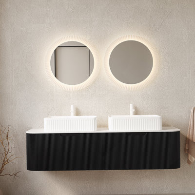 Meuble-lavabo mural flottant avec lavabos, armoire de rangement, tiroirs et lavabos en céramique pour une salle de bain fonctionnelle et élégante