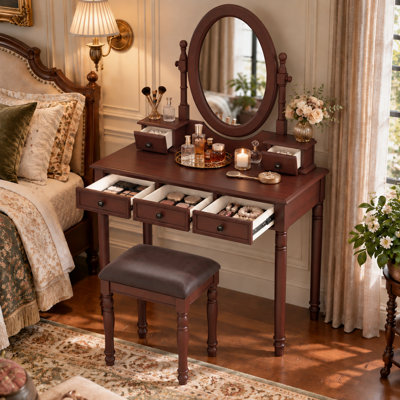 38" Solid Wood Vanity Desk Set with 180° Adjustable Oval Mirror, 5 Velvet-Lined Drawers & Cushioned Stool, Vintage Makeup Dressing Table Set for Bedroom, Walnut