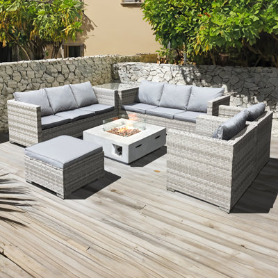 Malta XS Rattan 9 Seat U-Shape Set with GRC Firepit in Dove Grey