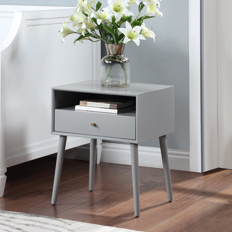 Table de chevet en bois avec 1 tiroir, table de chevet avec tablette de rangement ouverte et pieds en bois massif, table de chevet pour la chambre à coucher, tables de bout pour le salon, petite table de bout avec rangement, gris