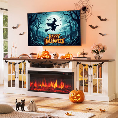87" Tv Stand With Electric Fireplace, Large Entertainment Center For 100" Tvs, Tv Console With Cable Holes, Adjustable Shelves & Glass Doors, White