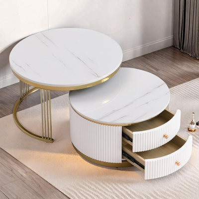 Nesting Coffee Tables with Drawers and Gold Metal Base