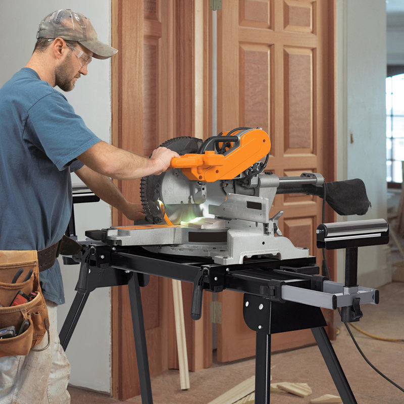 Support universel pour scie à onglet, support de scie à table capacité de charge de 440 lb avec pieds pliants, rail coulissant de 76-4 / 5 po maximum, installation rapide, supports de scie portables compatibles avec la plupart des marques