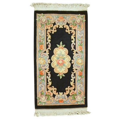 Tapis noir et bleu clair de haute qualité noué à la main