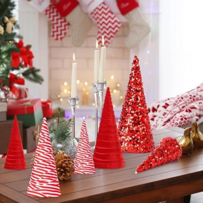 6 pièces 12 "10" 6 "Noël rouge blanc Velet Cone Tree Décoration de Noël paillettes de table d'arbre de maison de campagne à plusieurs niveaux plateau d'ornement de Noël pour la maison