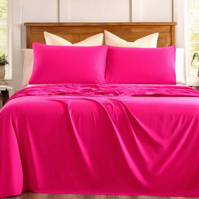 Neon Pink Rose Blossom Bedding Set - 4 Piece Luxurious Sheet Collection