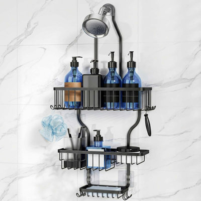 Over-Head Shower Caddy - Rustproof Aluminum, 10 Hooks, Soap Basket Black Large