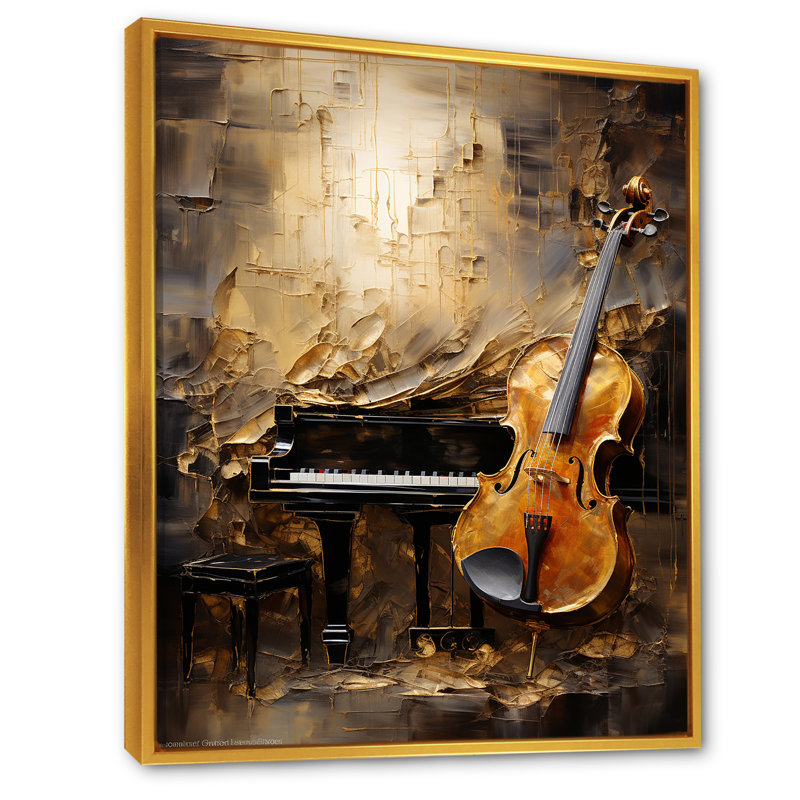 Rétro harmonie violon et piano - musique, art mural, Cadre flottant doré, H 32 po x l 16 po x P 1 po
