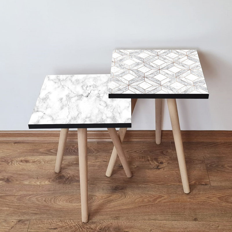 Ensemble de 2 tables gigognes modernes, motif géométrique noir et blanc, 13,8 x 18,5 x 13,8 po (grand), 13,8 x 16,5 x 13,8 po (petit) | 100% panneau de fibres à densité moyenne avec pieds en bois de hêtre | Élégant et fonctionnel pour la maison et le bureau