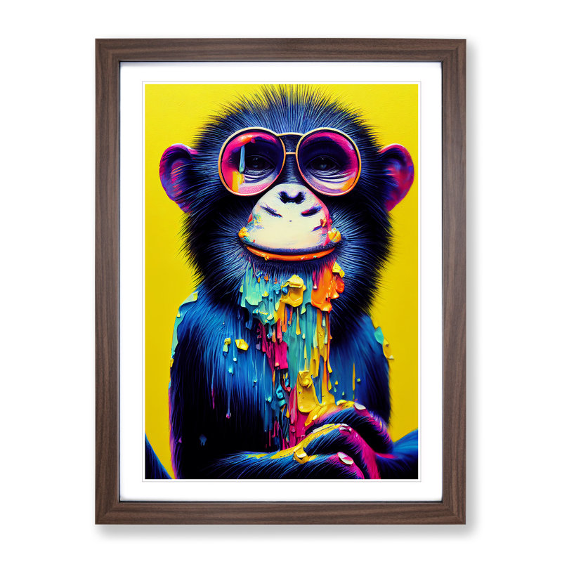Paint Drip Monkey No.3 1 Piece Single Picture Frame Wall Art, 64cm H x 46cm W x 2cm D, Walnut