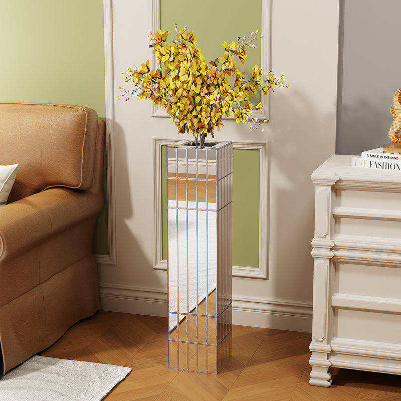 Grand vase de plancher à miroir de 29,92 po (76 cm) pour décoration intérieure Grand vase cubique en argent pour fleurs séchées